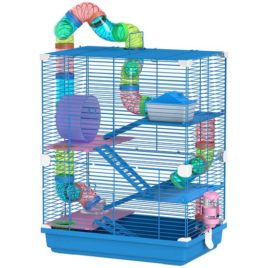 Cage pour hamster avec tunnel, plateformes, gamelle, abreuvoir, maisonnette, rampes et roue d'exercice 46x30x58 cm Bleu - Image 2