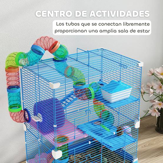 Cage pour hamster avec tunnel, plateformes, gamelle, abreuvoir, maisonnette, rampes et roue d'exercice 46x30x58 cm Bleu - Image 6