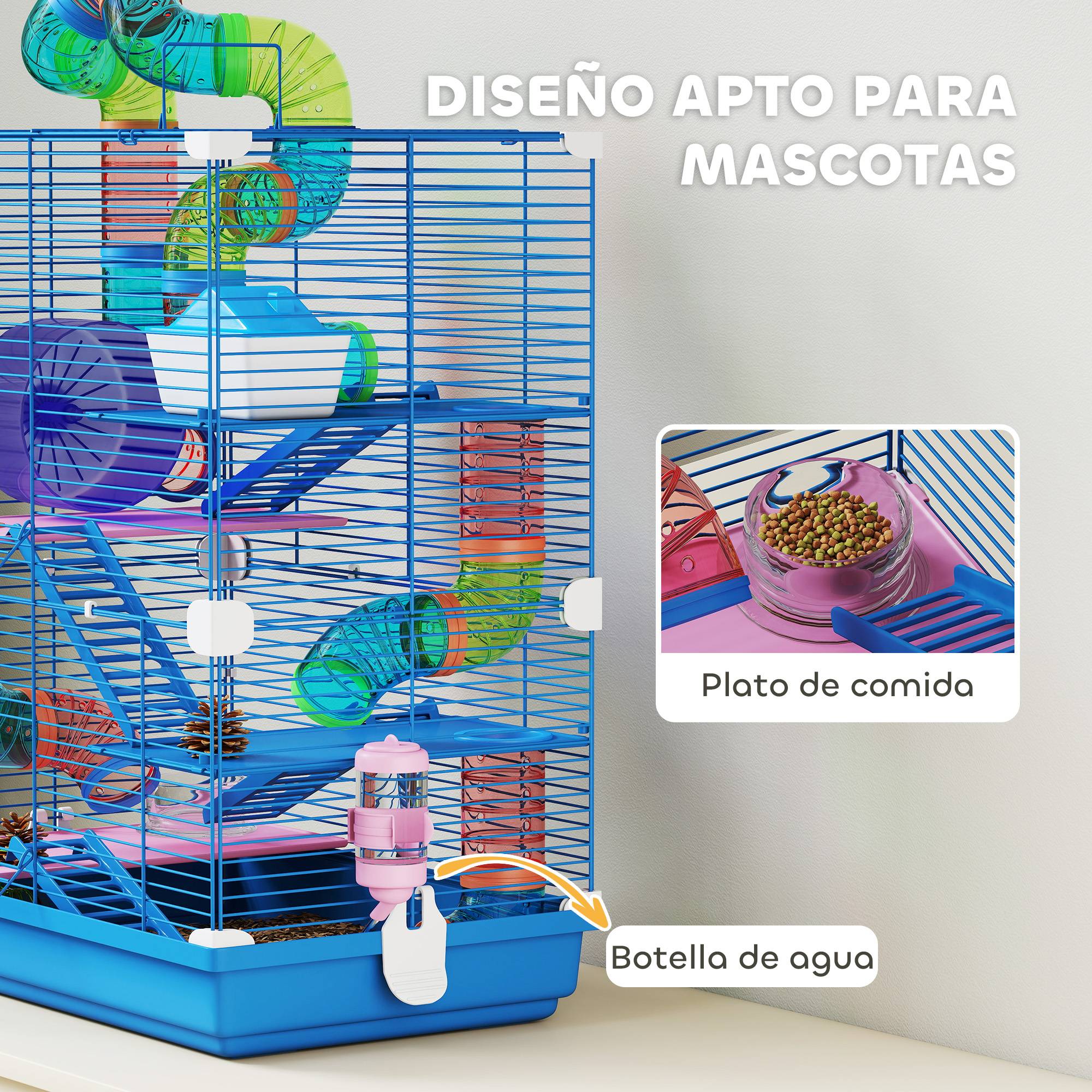Cage pour hamster avec tunnel, plateformes, gamelle, abreuvoir, maisonnette, rampes et roue d'exercice 46x30x58 cm Bleu - Image 7