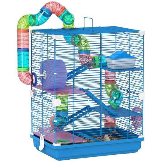 Cage pour hamster avec tunnel, plateformes, gamelle, abreuvoir, maisonnette, rampes et roue d'exercice 46x30x58 cm Bleu - Image 1