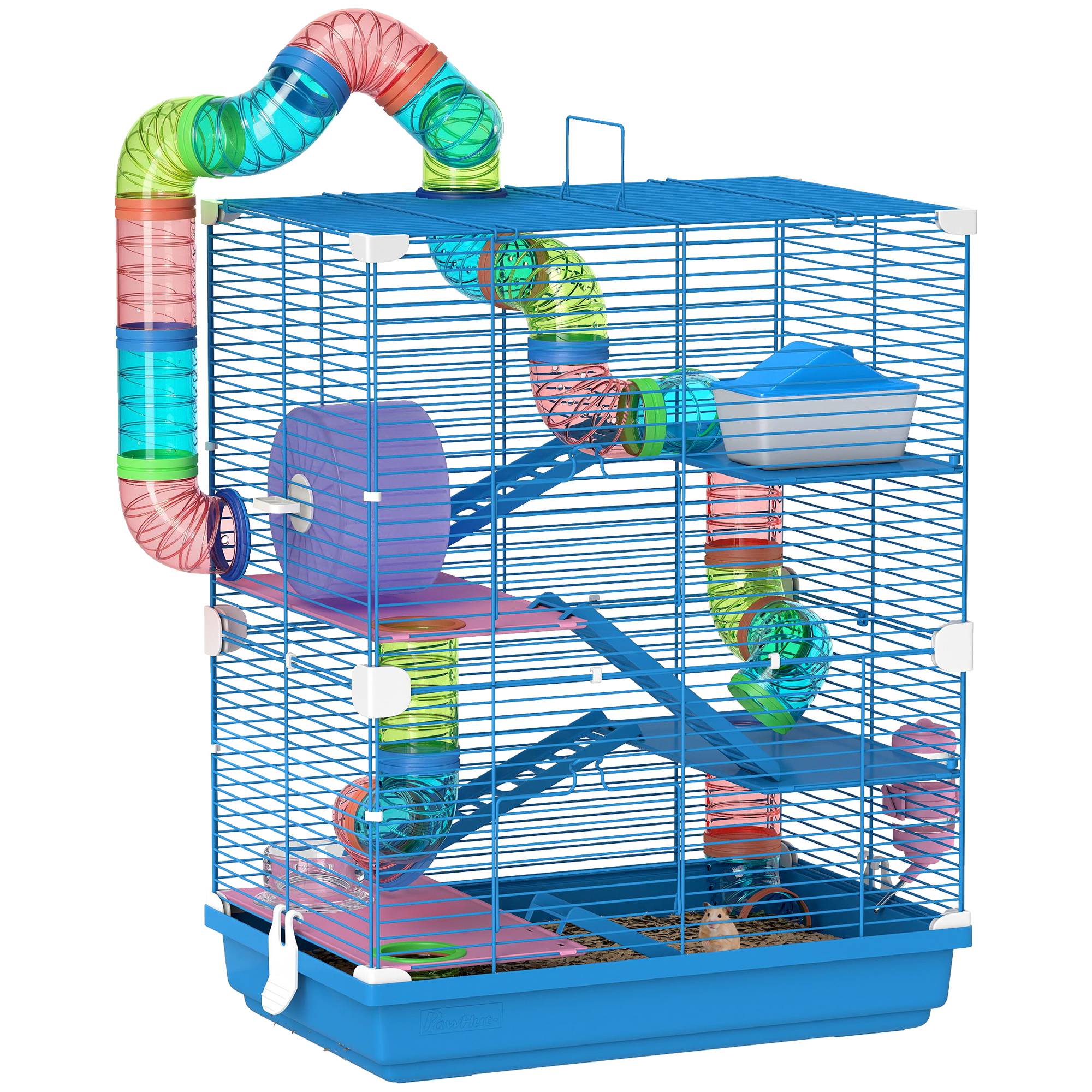 Cage pour hamster avec tunnel, plateformes, gamelle, abreuvoir, maisonnette, rampes et roue d'exercice 46x30x58 cm Bleu - Image 1