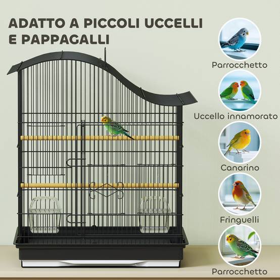 Cage pour oiseaux à 4 portes avec 2 mangeoires, 2 perchoirs et bac, en métal et plastique, 47,5x36x54,5 cm, noir - Image 9