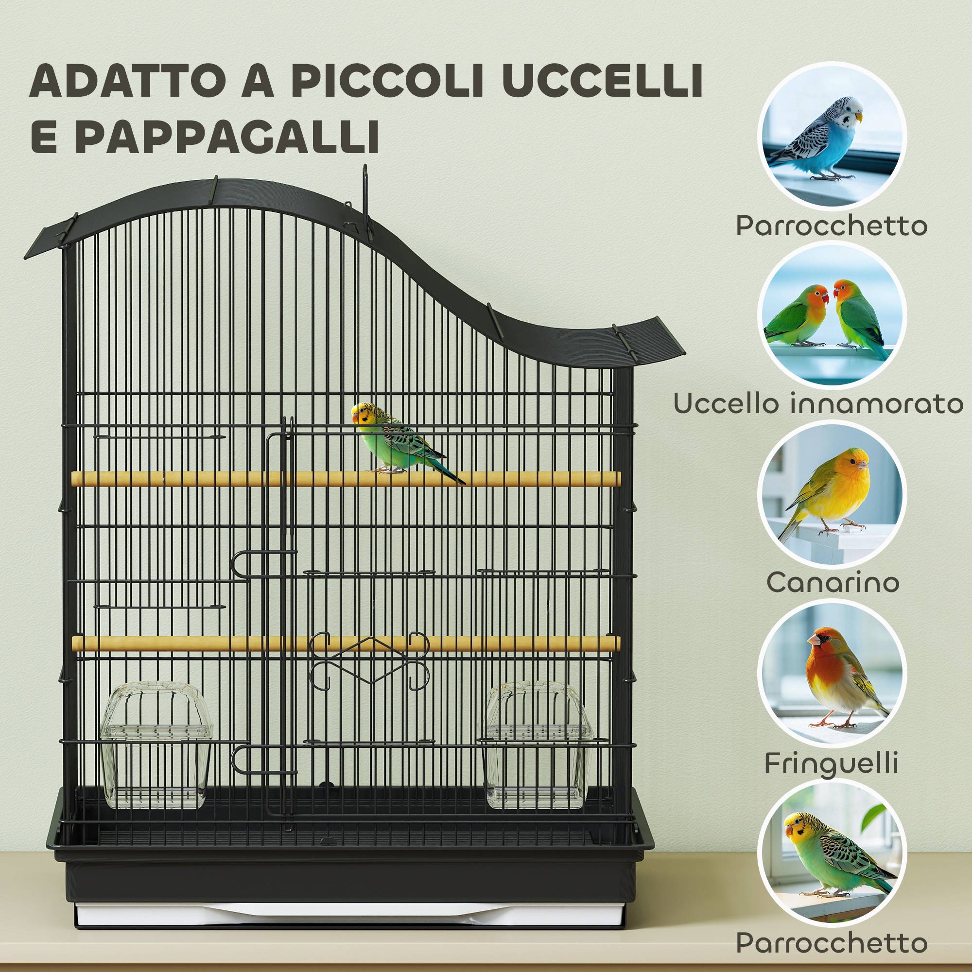 Cage pour oiseaux à 4 portes avec 2 mangeoires, 2 perchoirs et bac, en métal et plastique, 47,5x36x54,5 cm, noir - Image 9