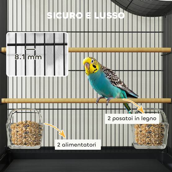 Cage pour oiseaux à 4 portes avec 2 mangeoires, 2 perchoirs et bac, en métal et plastique, 47,5x36x54,5 cm, noir - Image 6