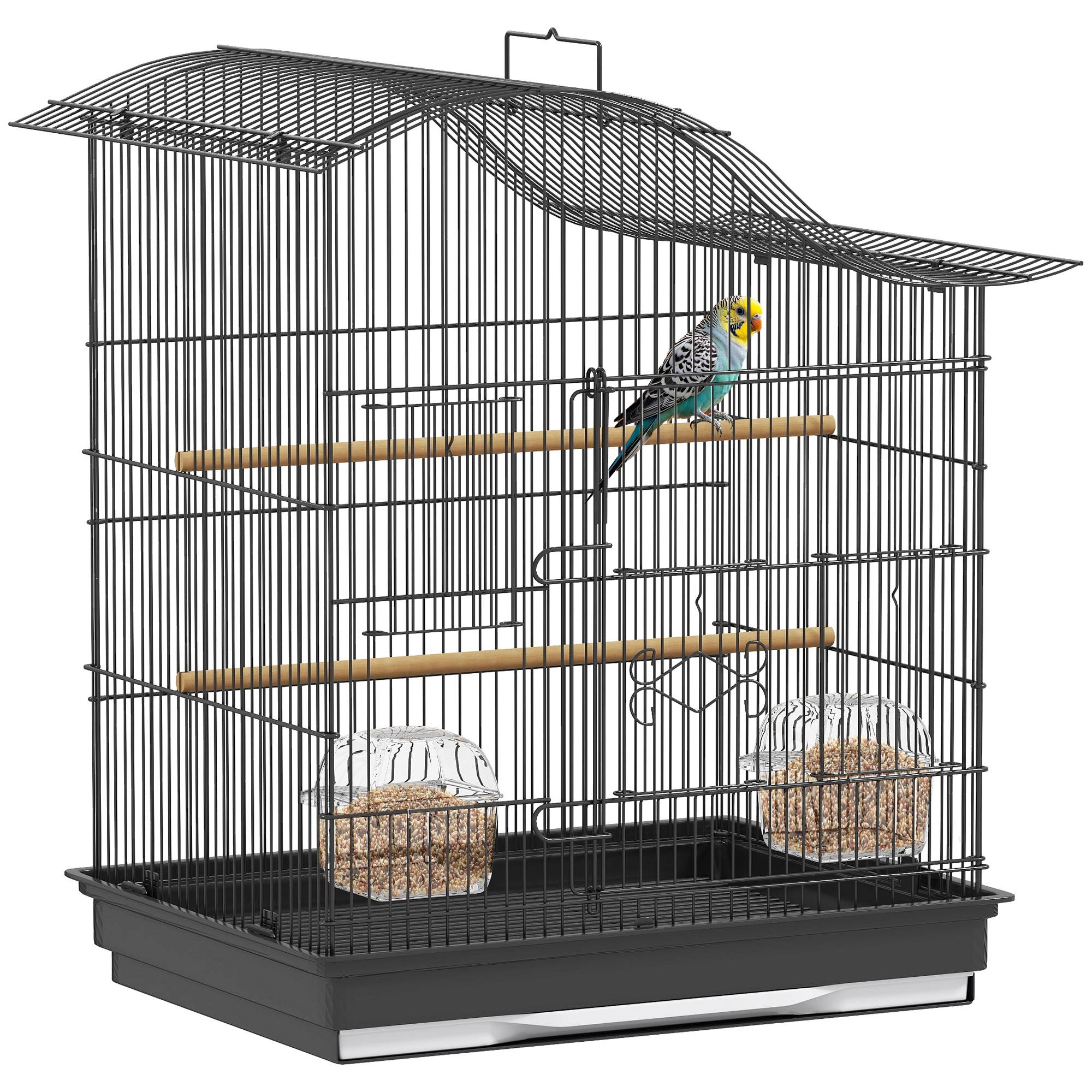 Cage pour oiseaux à 4 portes avec 2 mangeoires, 2 perchoirs et bac, en métal et plastique, 47,5x36x54,5 cm, noir - Image 1