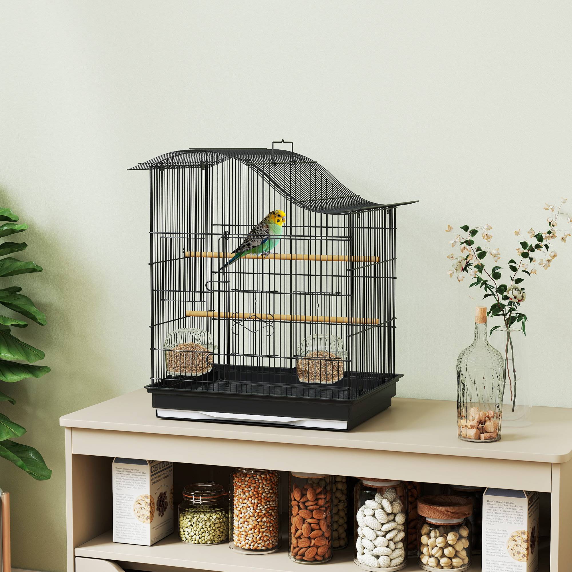 Cage pour oiseaux à 4 portes avec 2 mangeoires, 2 perchoirs et bac, en métal et plastique, 47,5x36x54,5 cm, noir - Image 3