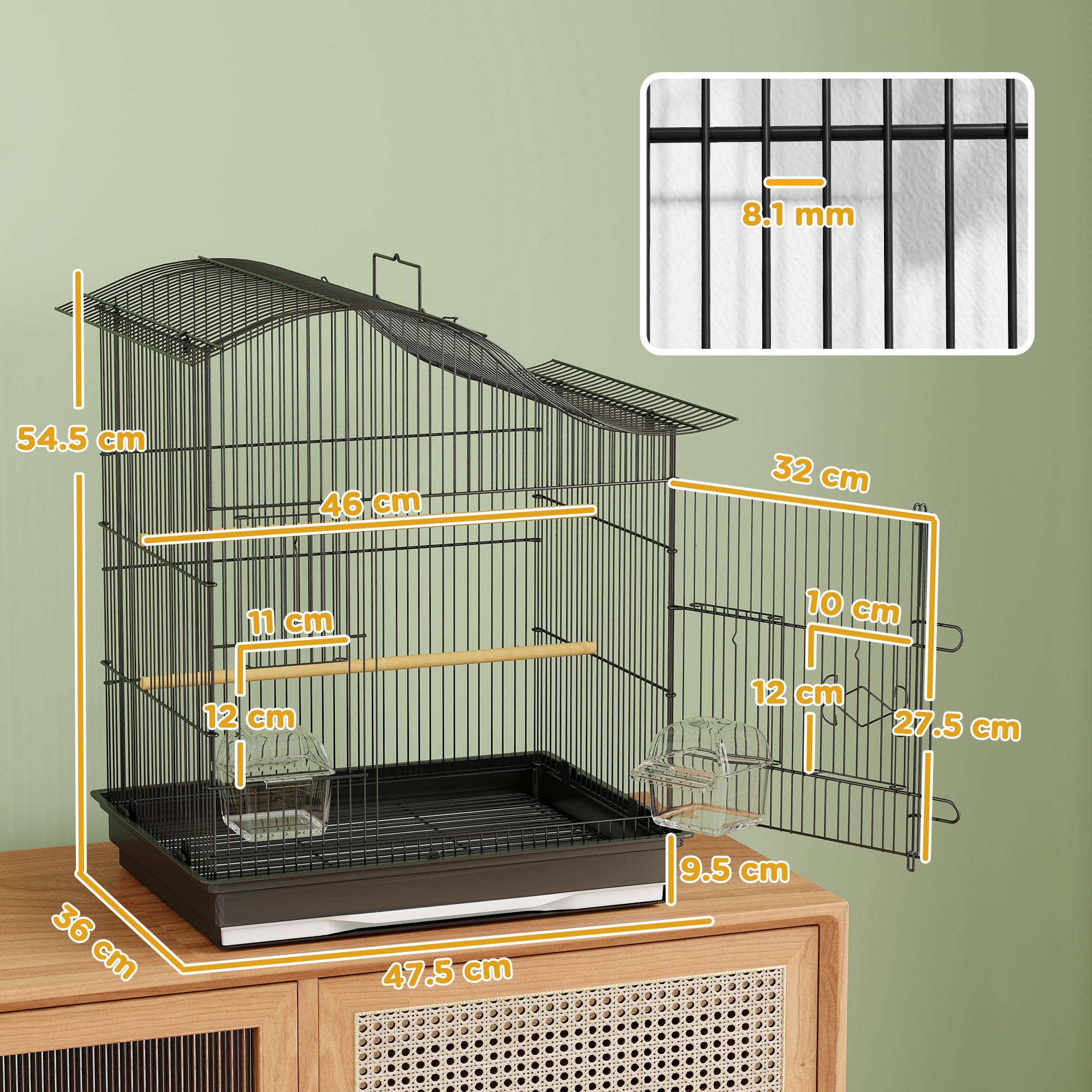 Cage pour oiseaux à 4 portes avec 2 mangeoires, 2 perchoirs et bac, en métal et plastique, 47,5x36x54,5 cm, noir - Image 5