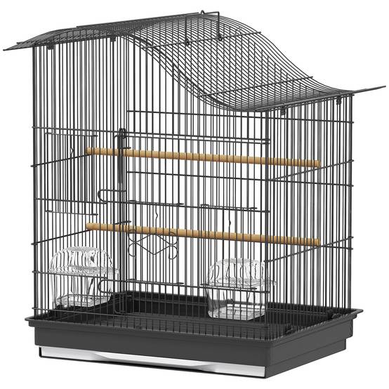 Cage pour oiseaux à 4 portes avec 2 mangeoires, 2 perchoirs et bac, en métal et plastique, 47,5x36x54,5 cm, noir - Image 2
