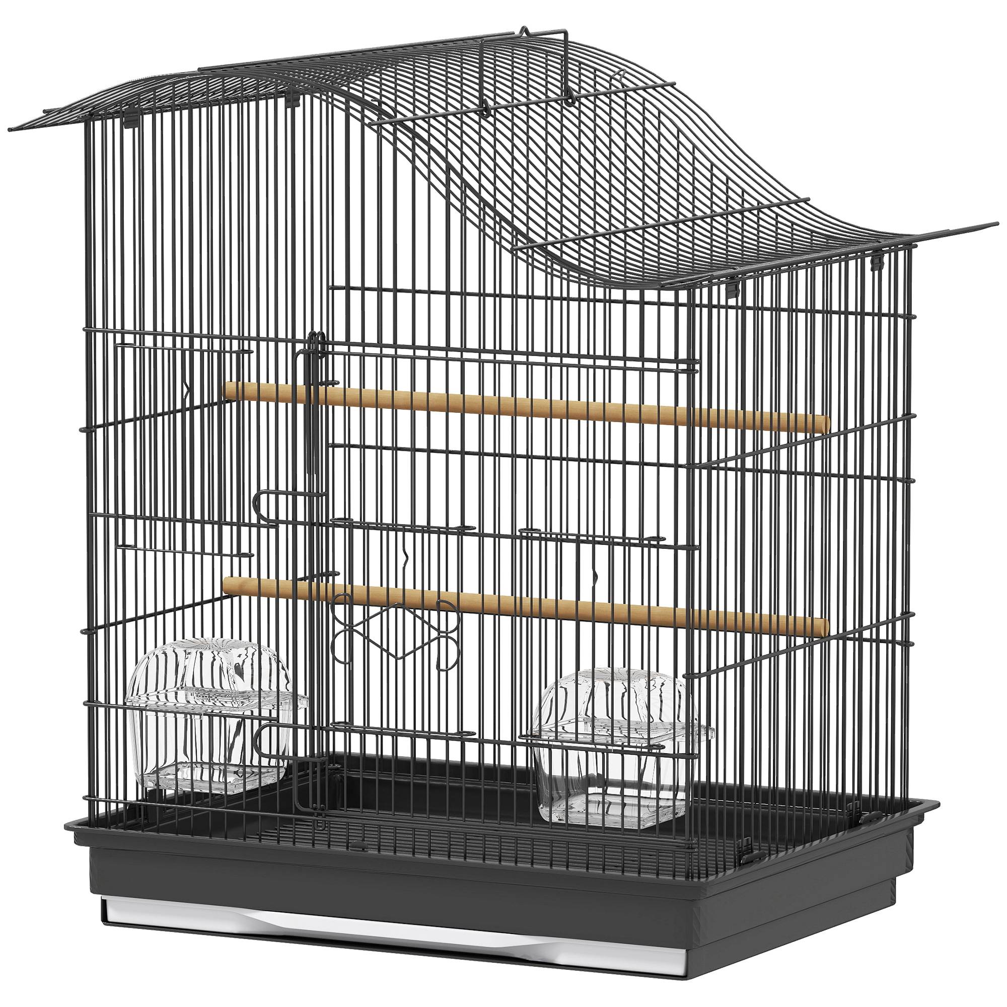 Cage pour oiseaux à 4 portes avec 2 mangeoires, 2 perchoirs et bac, en métal et plastique, 47,5x36x54,5 cm, noir - Image 2