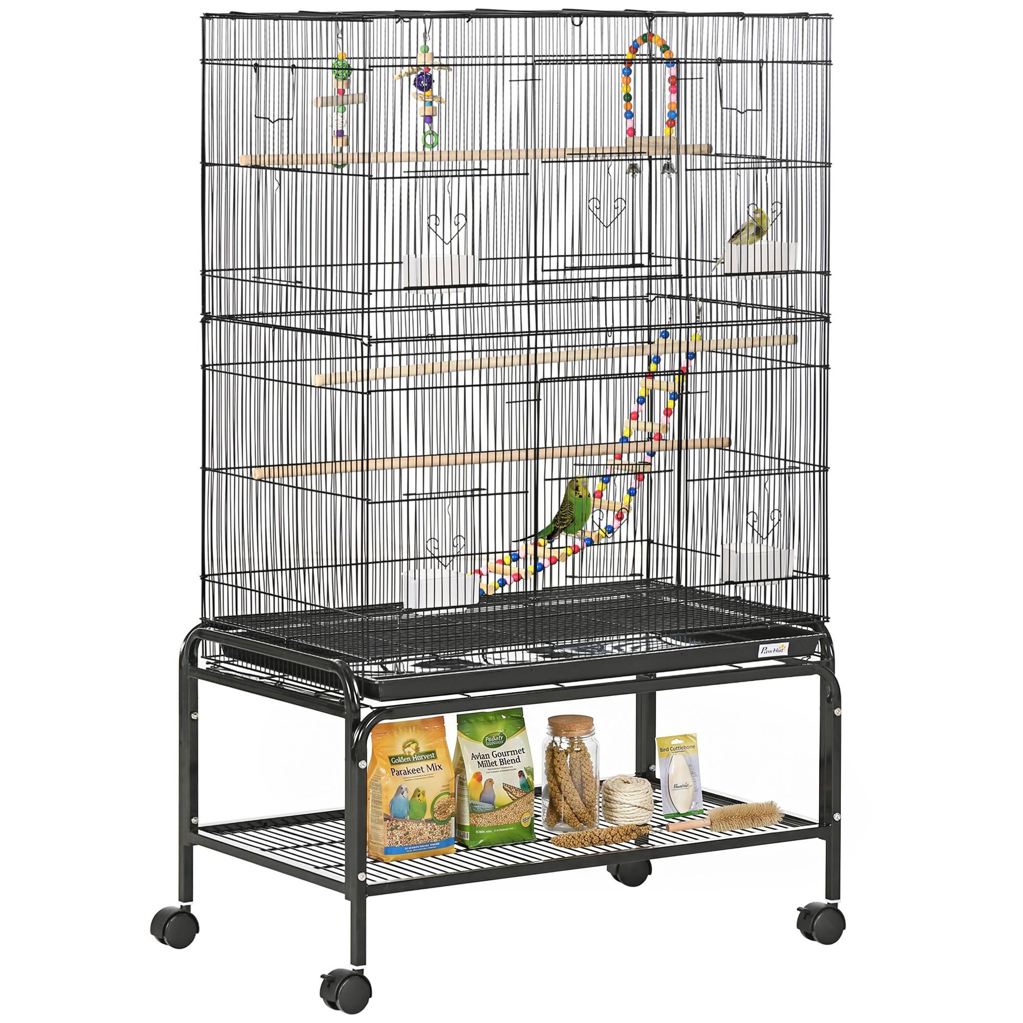 Cage à oiseaux sur pieds roulettes avec 4 mangeoires et 3 perchoirs 79 x 49 x 133 cm noir