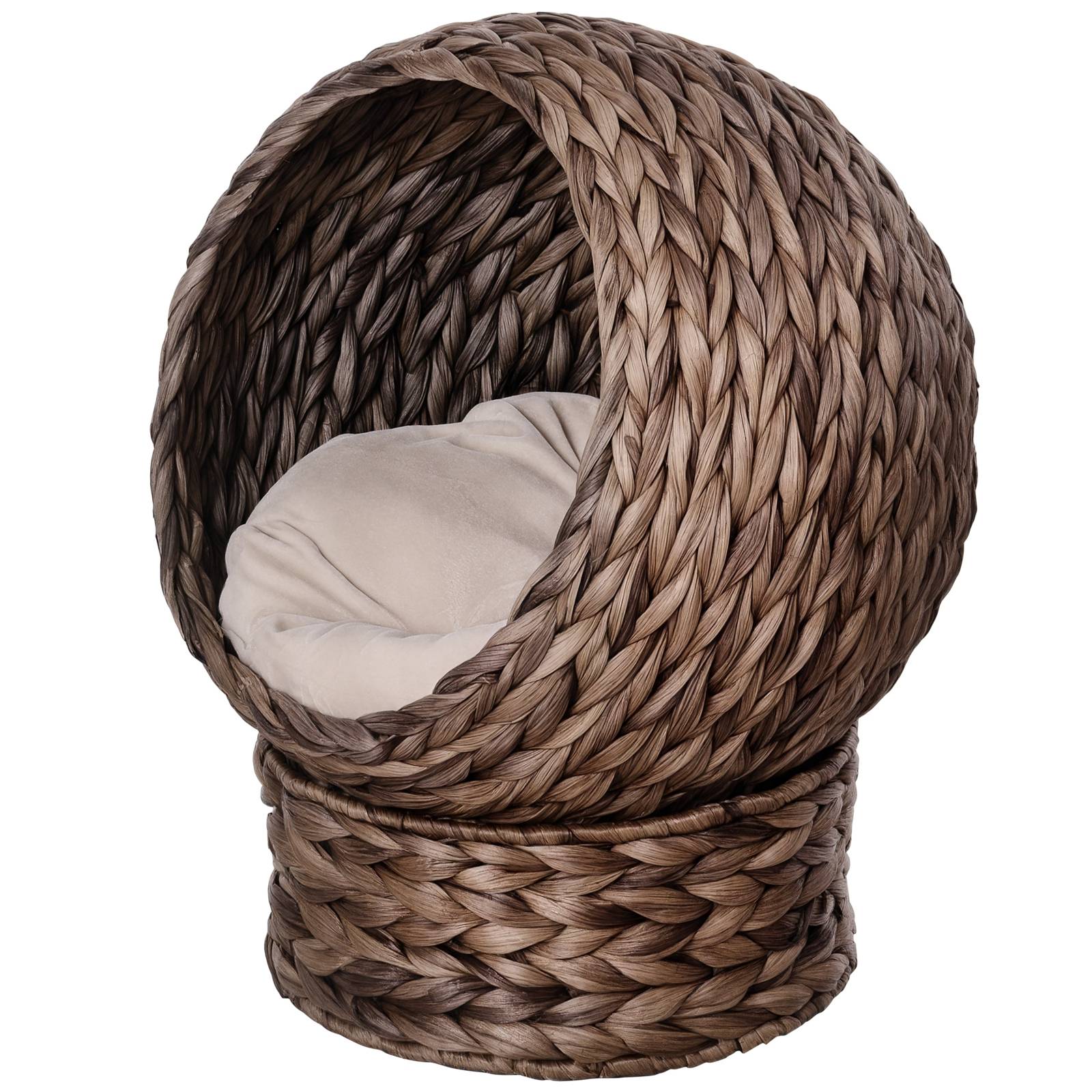 Panier chat en jacinthe d'eau avec coussin, 50x42x60 cm, marron/beige - Image 1