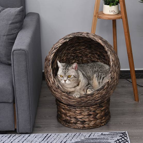 Panier chat en jacinthe d'eau avec coussin, 50x42x60 cm, marron/beige - Image 3