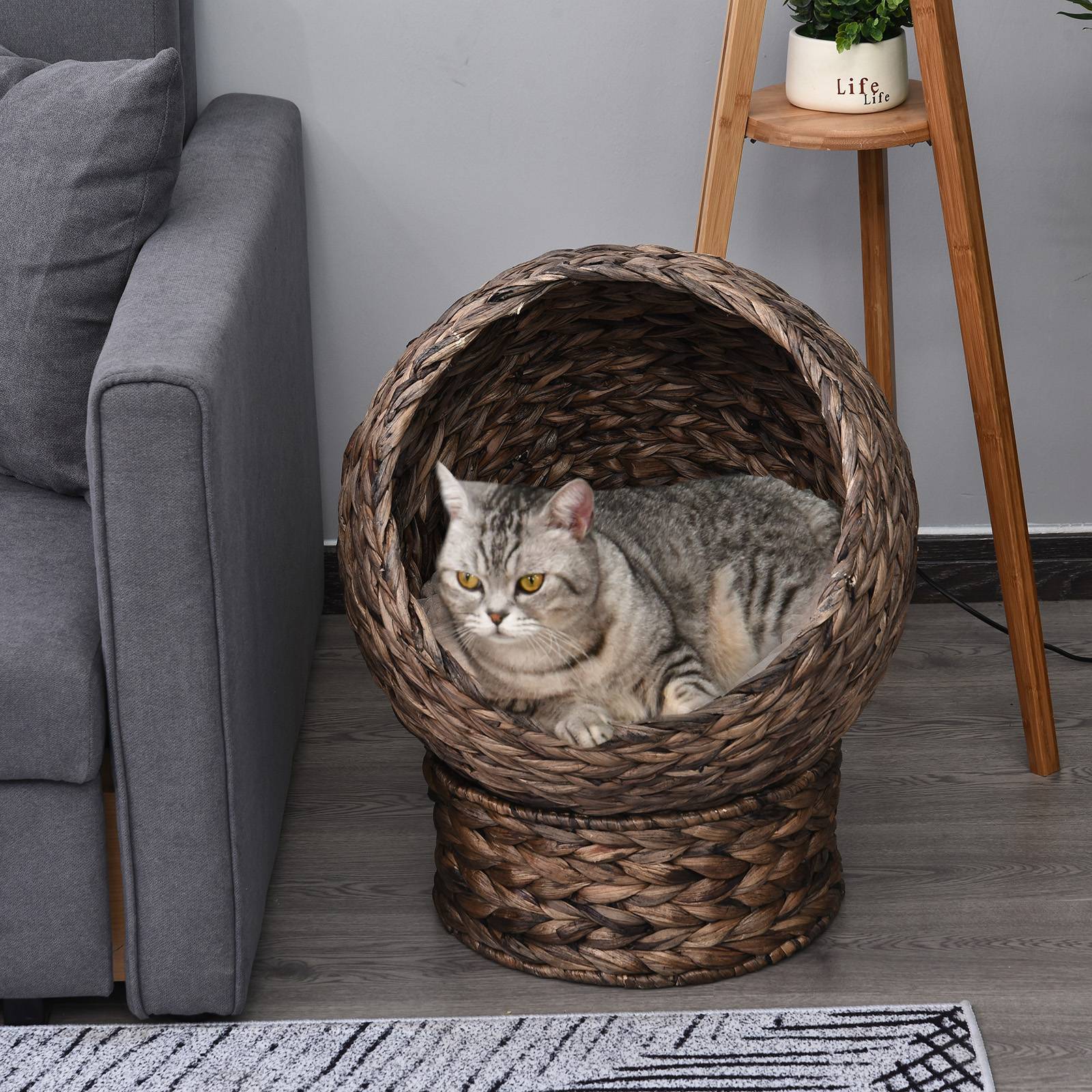 Panier chat en jacinthe d'eau avec coussin, 50x42x60 cm, marron/beige - Image 3