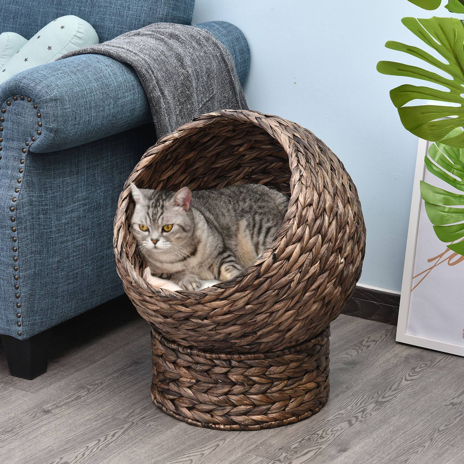 Panier chat en jacinthe d'eau avec coussin, 50x42x60 cm, marron/beige - Image 4