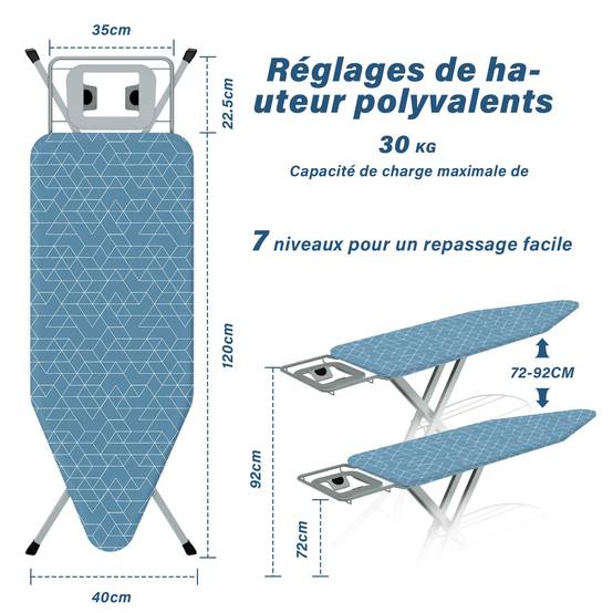 Table a Repasser 120 x 45 cm,Planche a repasser Pliable, Avec 2 Housses en Coton 100%,Pour Centrale Vapeur,Support de Fer Intégré, Pieds Antidérapants - Image 2
