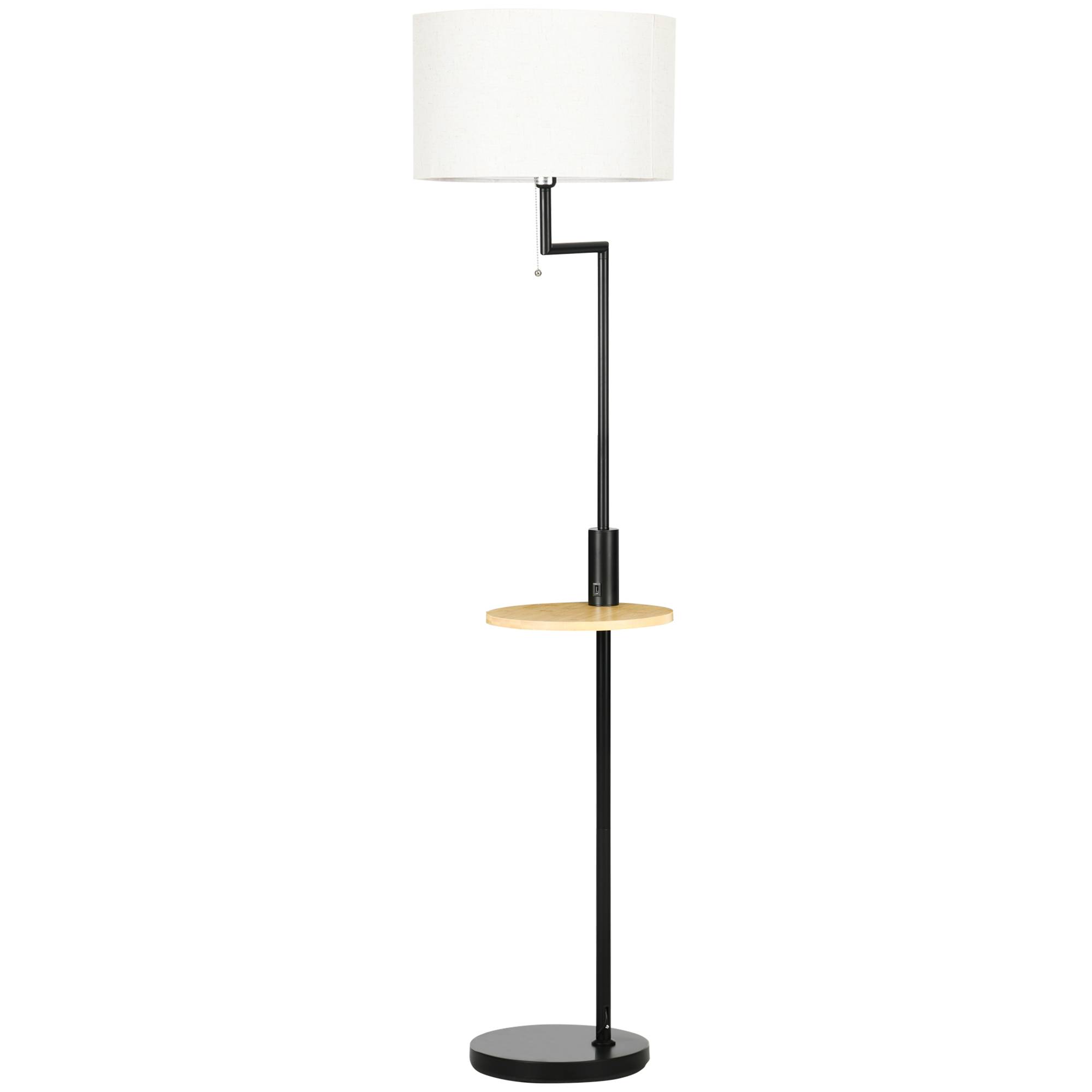 Lampadaire en bois naturel avec table d’appoint abat-jour lin USB et tirette Ø40 × 170 cm - Image 2