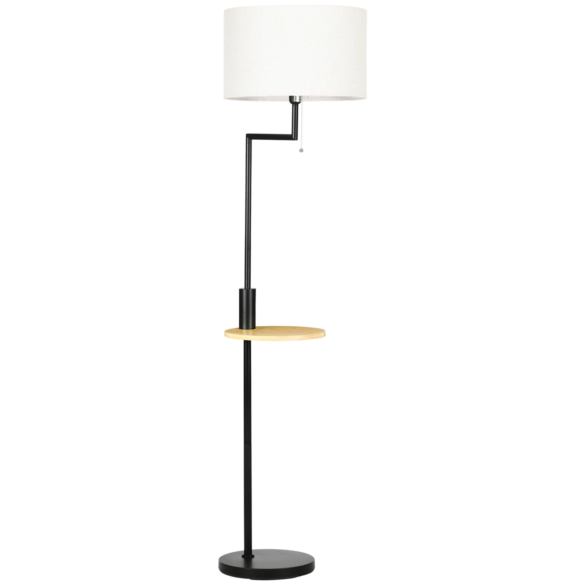 Lampadaire en bois naturel avec table d’appoint abat-jour lin USB et tirette Ø40 × 170 cm - Image 1