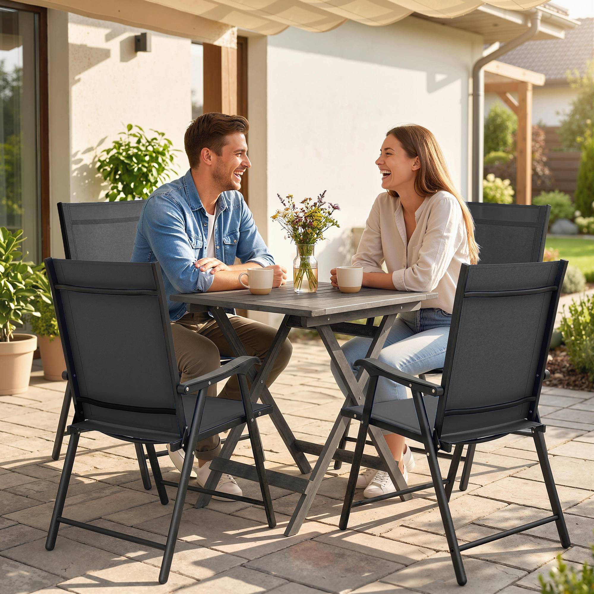 Sans Marque - Lot 4 Chaises Jardin Pliantes Acier Robuste sans Montage Dossier Haut Ergonomique 58x62x97cm Noir - Image 3