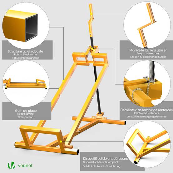 Cric Lève Tracteur Tondeuse 400 kg max - télescopique 78 à 98 cm de long - angle d'inclinaison 45° - jaune - VOUNOT® - Image 5