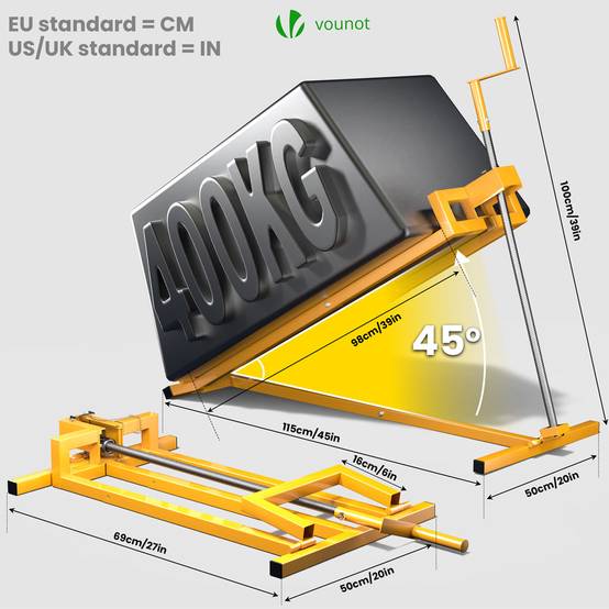Cric Lève Tracteur Tondeuse 400 kg max - télescopique 78 à 98 cm de long - angle d'inclinaison 45° - jaune - VOUNOT® - Image 4