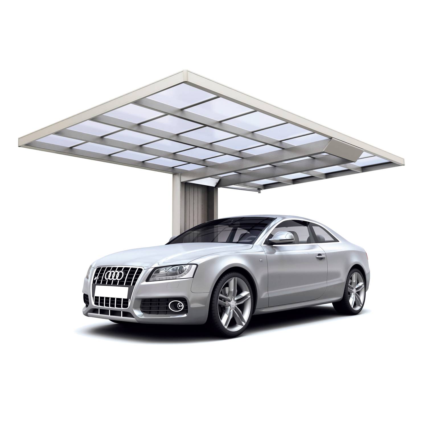 Carport simple design sur mat central, charge de toiture 113kg/m² Anodisé coloris inox brillant - Ximax NEO standard