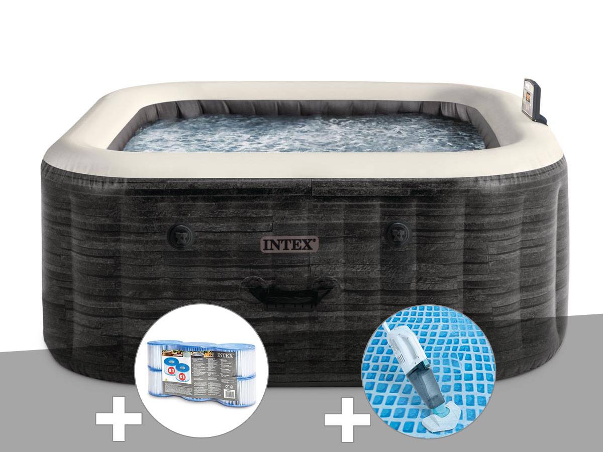 Kit spa gonflable Intex PureSpa Ardoise carré Bulles 4 places + 6 filtres + Aspirateur