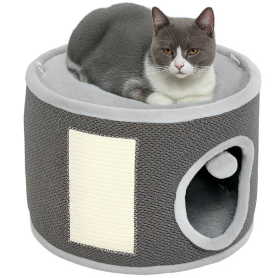 Niche à chat 2 niveaux en feutrine avec coussins et griffoir sisal 40x30cm gris - ComfortXL Outdoor Living - Image 1