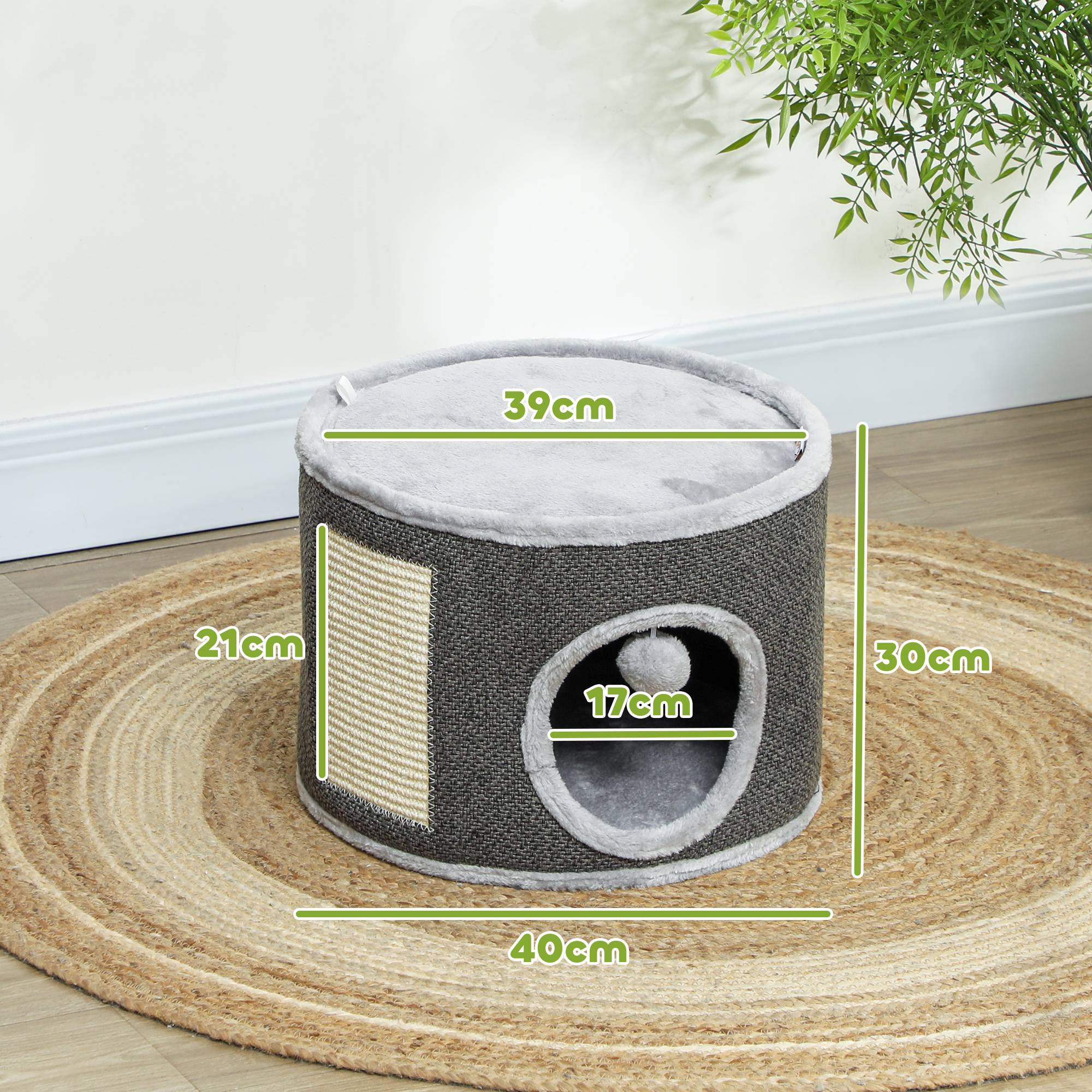 Niche à chat 2 niveaux en feutrine avec coussins et griffoir sisal 40x30cm gris - ComfortXL Outdoor Living - Image 5