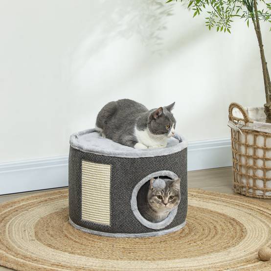Niche à chat 2 niveaux en feutrine avec coussins et griffoir sisal 40x30cm gris - ComfortXL Outdoor Living - Image 3