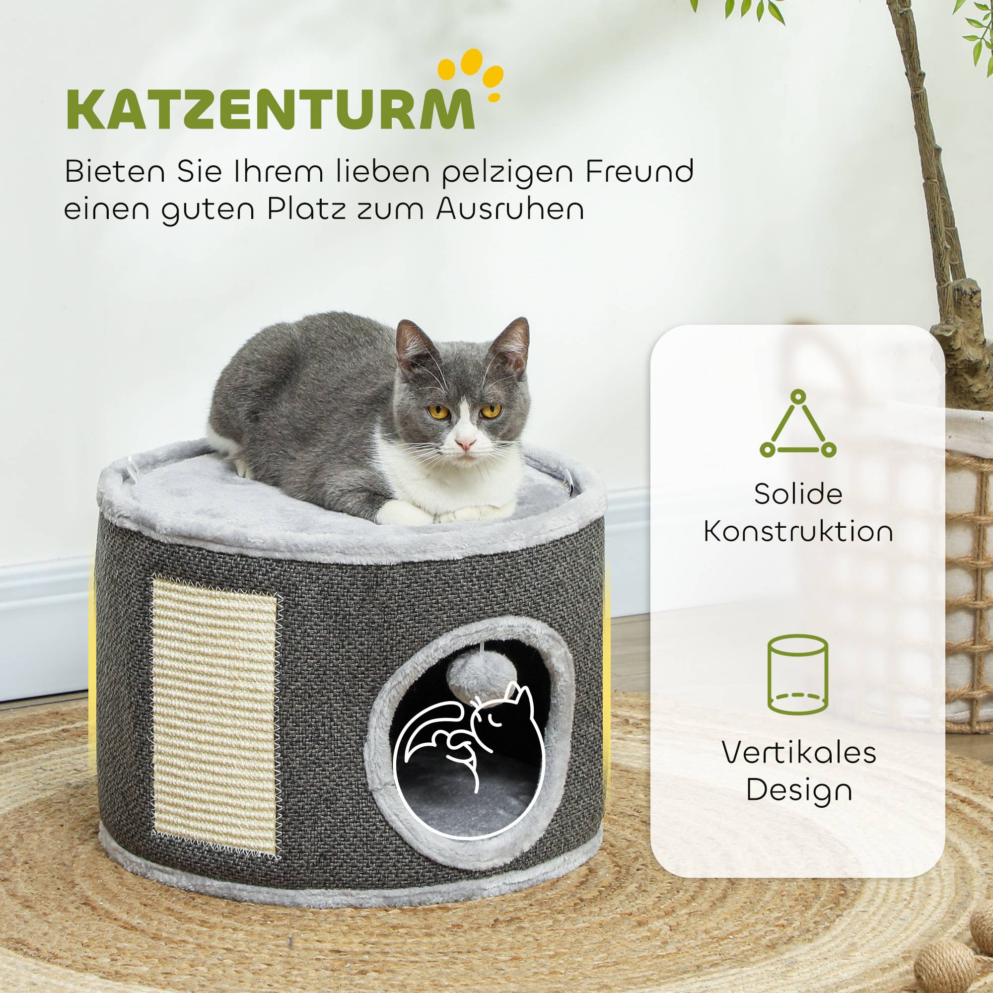 Niche à chat 2 niveaux en feutrine avec coussins et griffoir sisal 40x30cm gris - ComfortXL Outdoor Living - Image 6