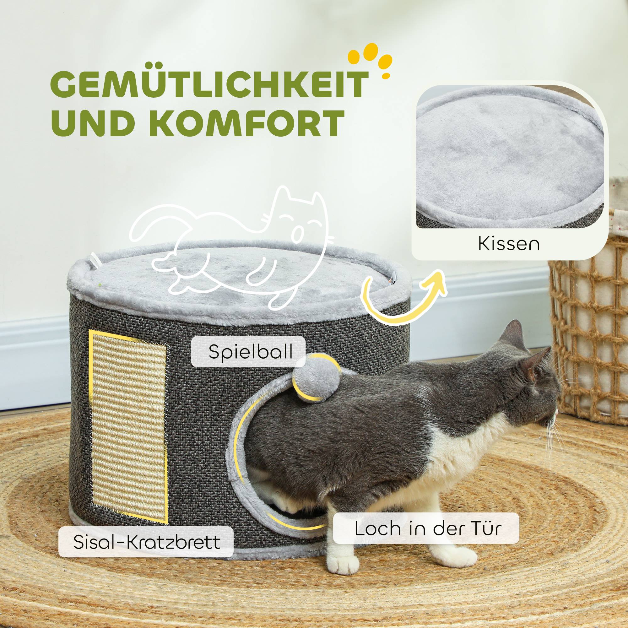 Niche à chat 2 niveaux en feutrine avec coussins et griffoir sisal 40x30cm gris - ComfortXL Outdoor Living - Image 8