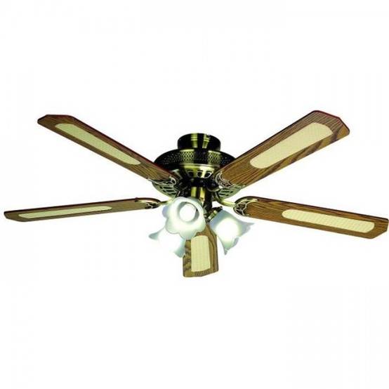 Ventilateur de Plafond - Plafonnier réversible FARELEK BALEARES - Ø 132 cm, 5 pales noyer / cannées + éclairage 3 tulipes 60 W E27