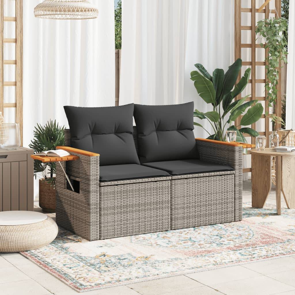 Canapé Extérieur 2 Places Résine Grise Acacia Tablette et Coussins Gris Foncé – ComfortXL Outdoor Living - Image 3
