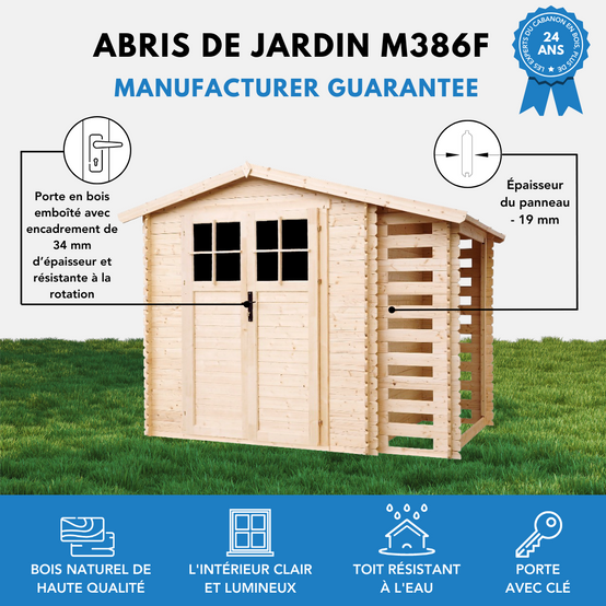 Timbela - Abri de jardin en bois et range bûches 206x272xH218 cm/ 3,53+0,97 m² avec porte verrouillable de haute qualité - 19 mm d’épaisseur - TimbelaM386F - Image 8