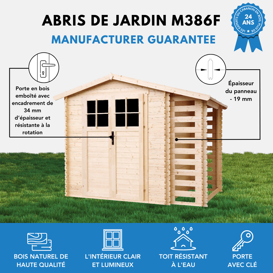Timbela - Abri de jardin en bois et range bûches 206x272xH218 cm/ 3,53+0,97 m² avec porte verrouillable de haute qualité - 19 mm d’épaisseur - TimbelaM386F - Image 8