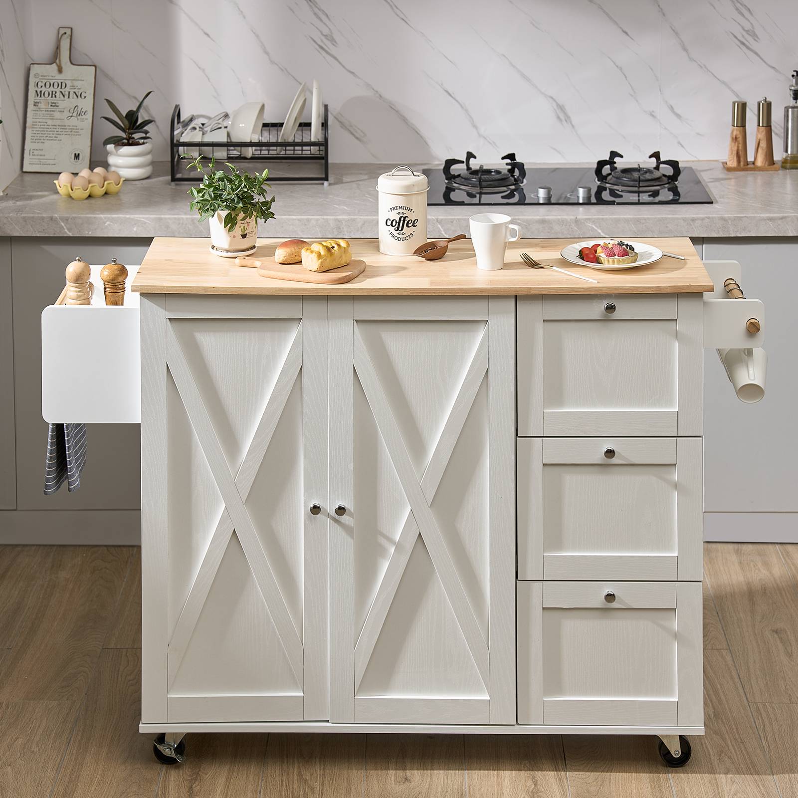 VEVOR Îlot central 115x39 cm, roulettes, armoire, 3 tiroirs, abattant. Porte-épices, cuisine. - Image 8