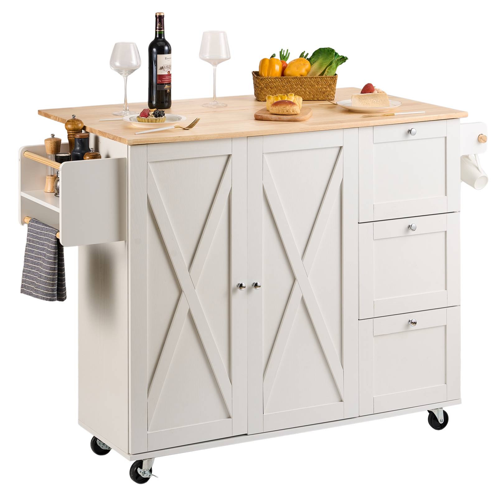 VEVOR Îlot central 115x39 cm, roulettes, armoire, 3 tiroirs, abattant. Porte-épices, cuisine.