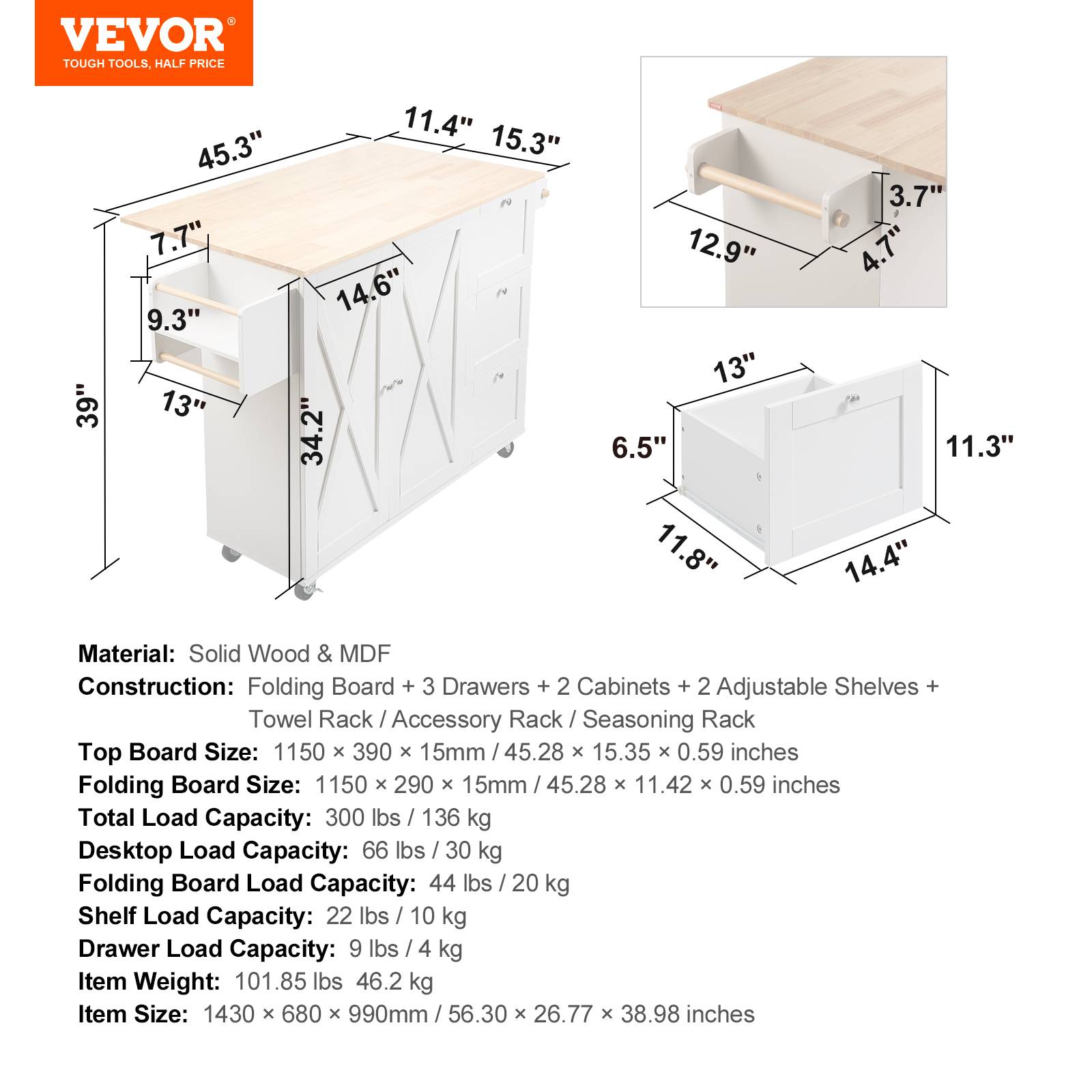 VEVOR Îlot central 115x39 cm, roulettes, armoire, 3 tiroirs, abattant. Porte-épices, cuisine. - Image 7