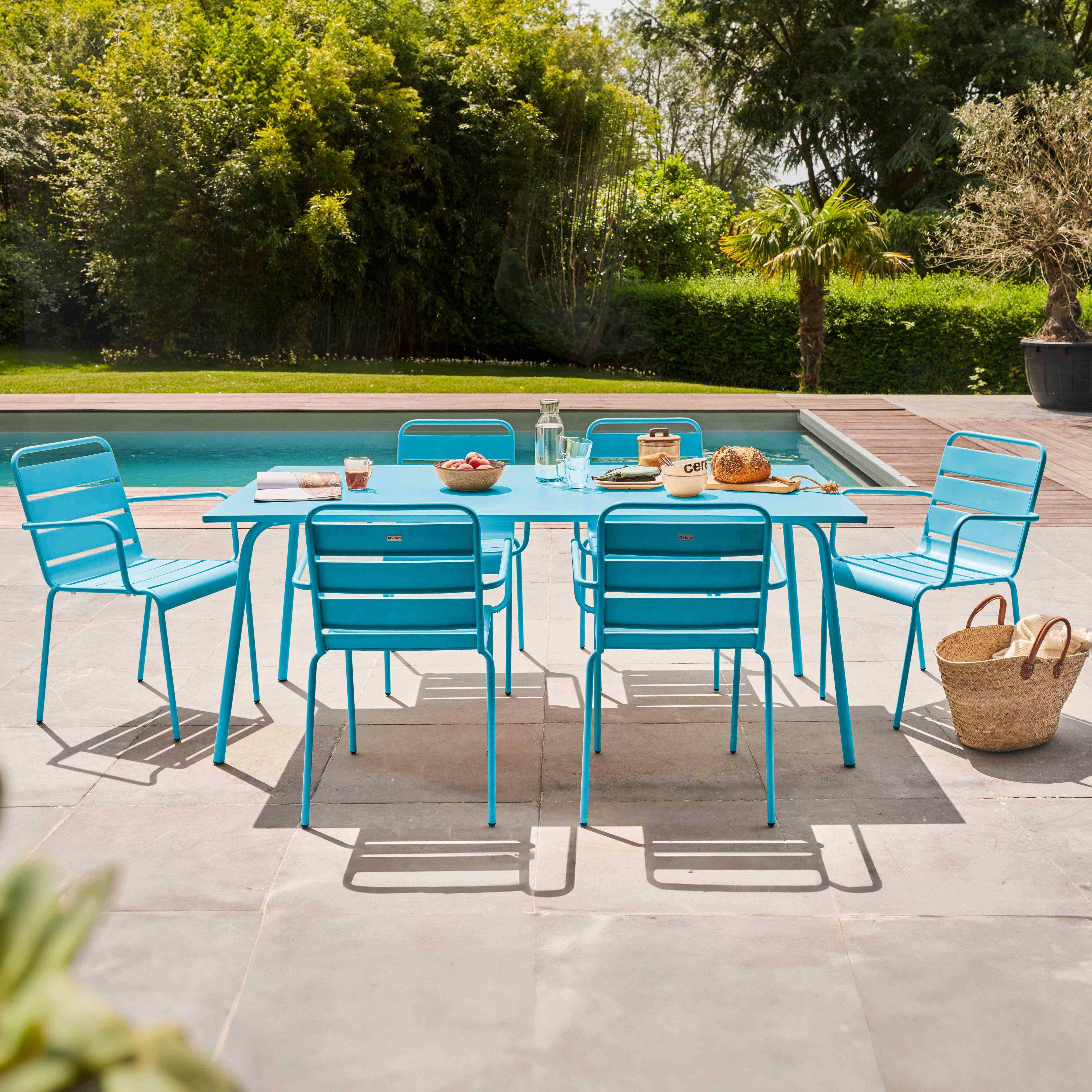 Oviala - Ensemble table de jardin et 6 fauteuils en métal bleu Palavas - Oviala - Imagen 2