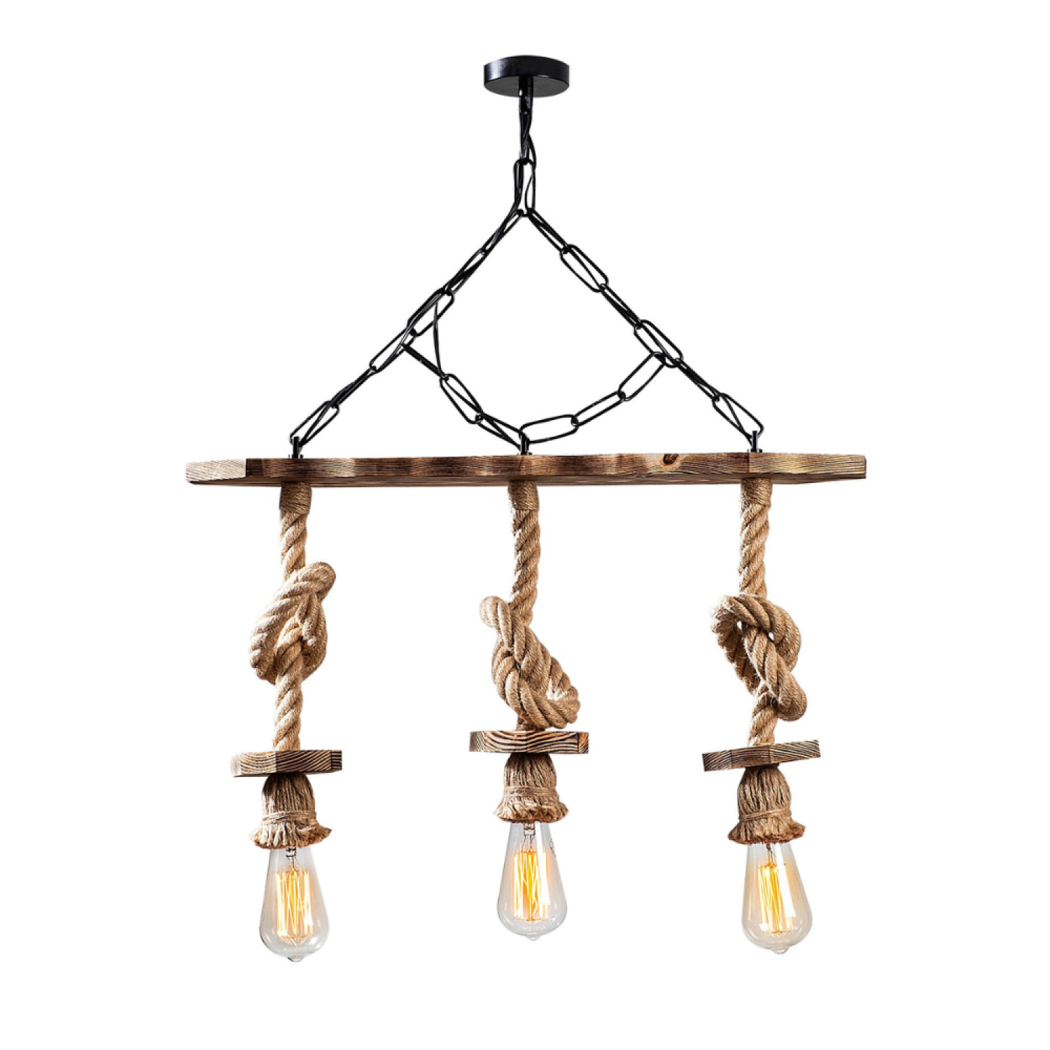 Concept Usine - Suspension rustique filaire 3 lampes cordes et bois ZYA - Image 1