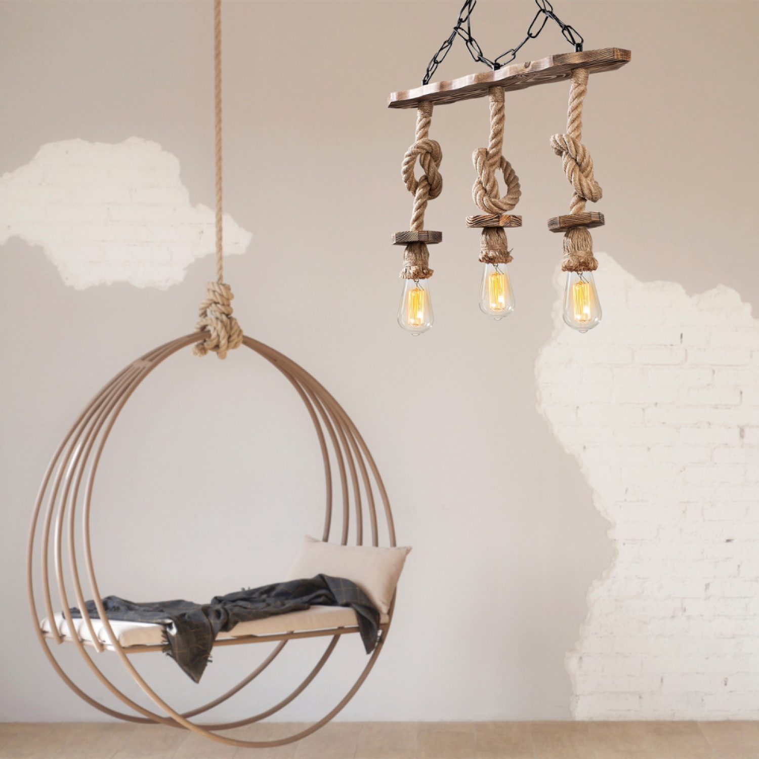 Concept Usine - Suspension rustique filaire 3 lampes cordes et bois ZYA - Image 3