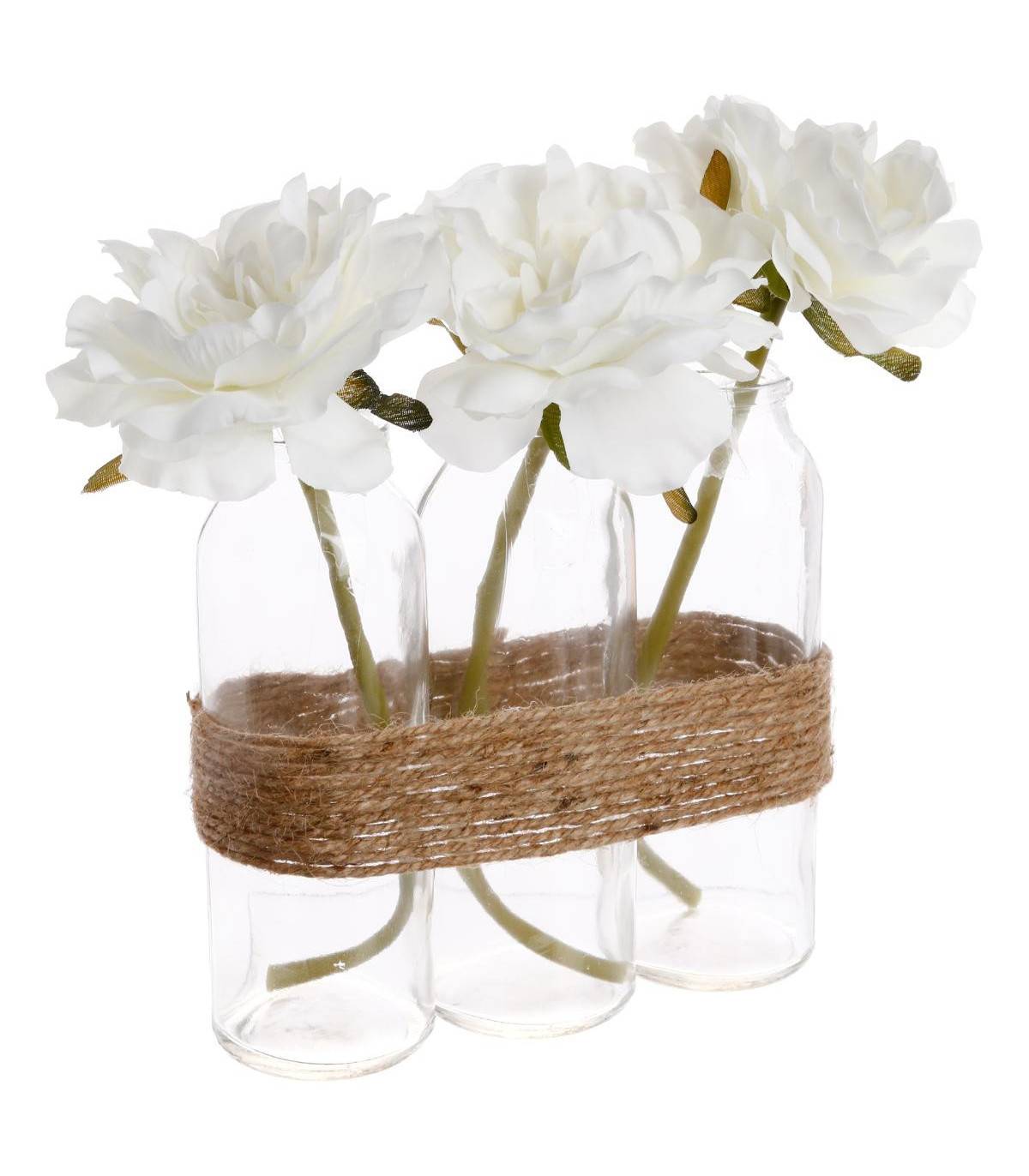 Composition artificielle de 3 Roses Blanches dans 3 Vases en verre liés par une corde - Image 1