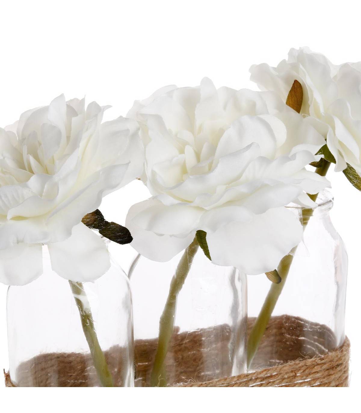 Composition artificielle de 3 Roses Blanches dans 3 Vases en verre liés par une corde - Image 2