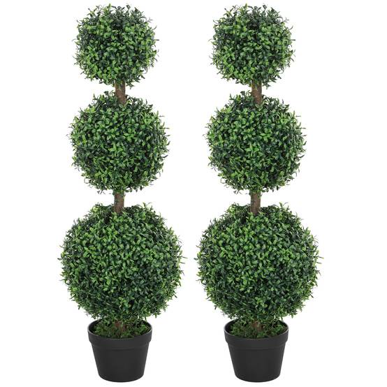 Lot de 2 arbres artificiels 101,6 cm 3 boules de buis topiaires fausse plante vert PE avec pot intérieur et extérieur - Image 2