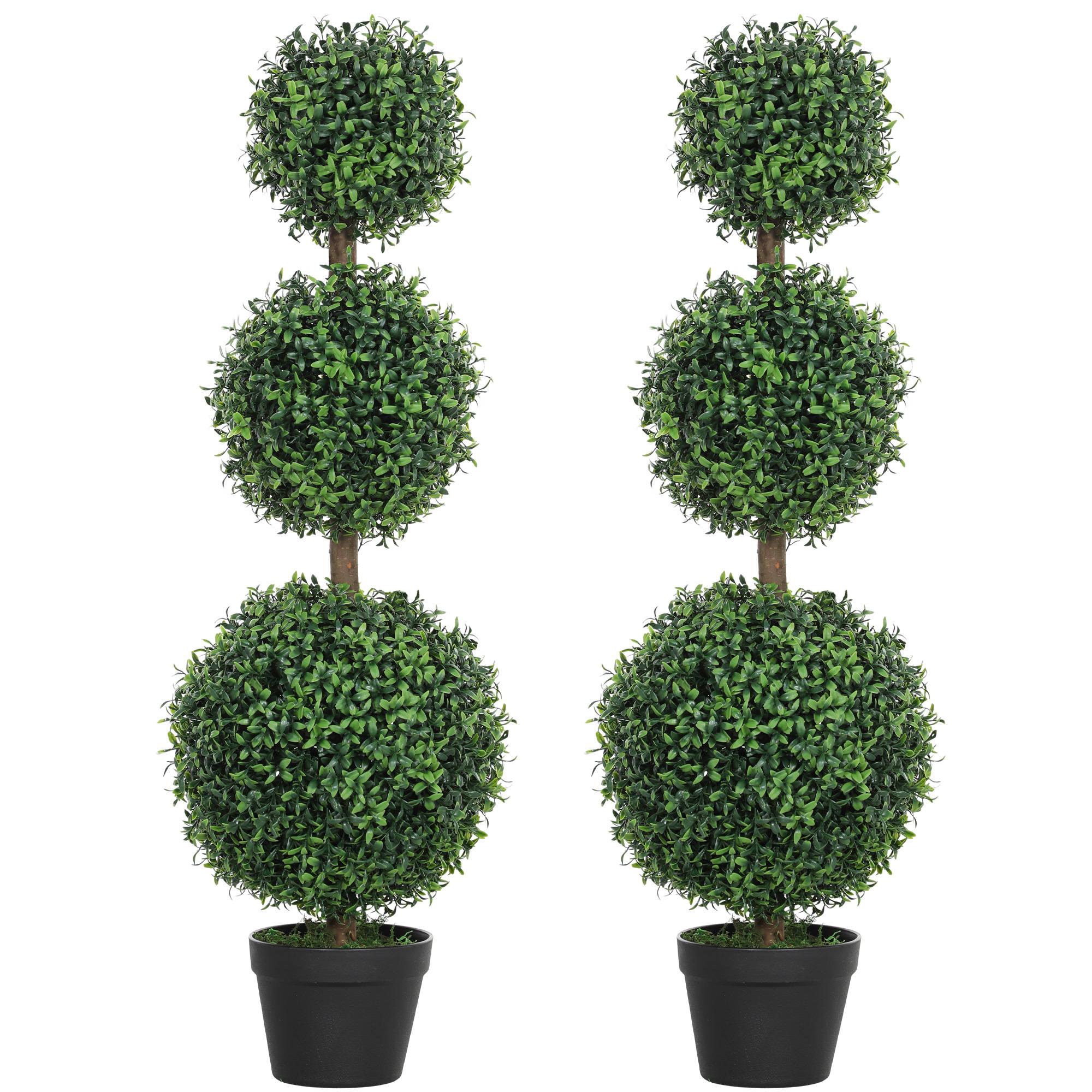 Lot de 2 arbres artificiels 101,6 cm 3 boules de buis topiaires fausse plante vert PE avec pot intérieur et extérieur - Image 1