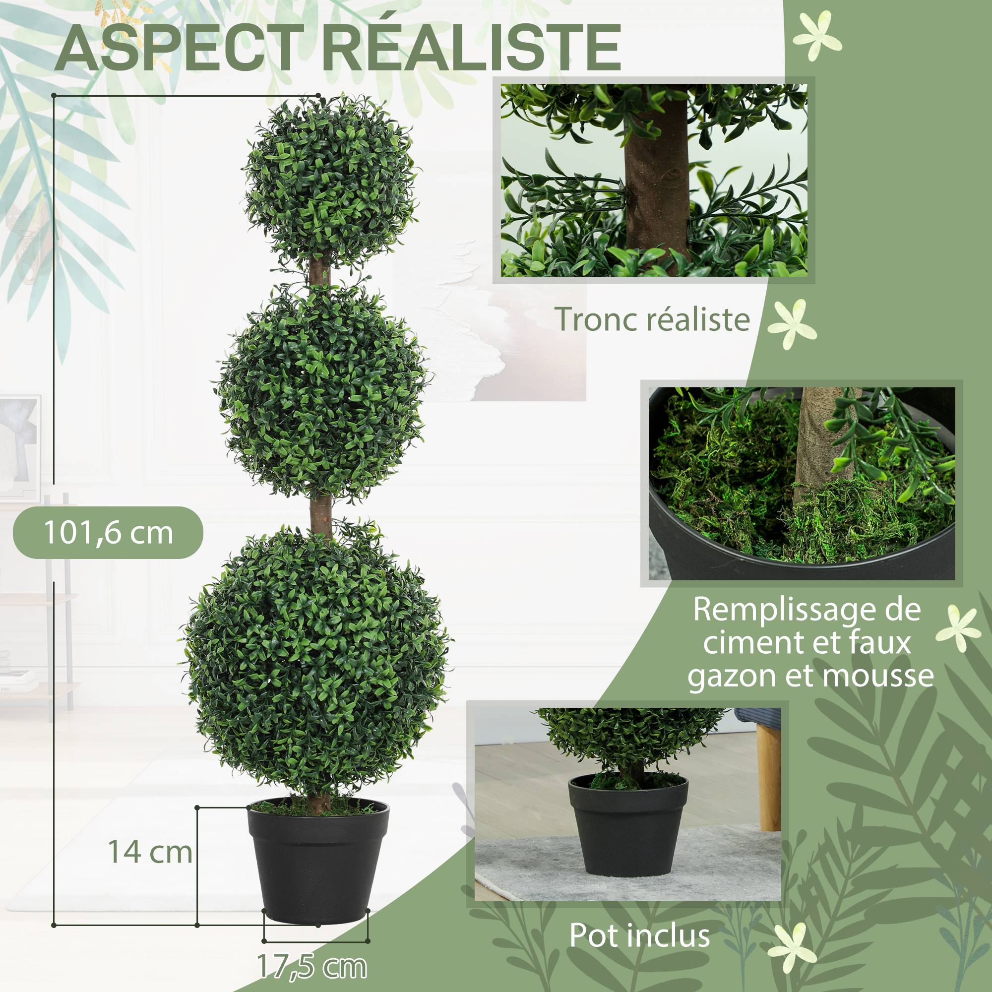 Lot de 2 arbres artificiels 101,6 cm 3 boules de buis topiaires fausse plante vert PE avec pot intérieur et extérieur - Image 6