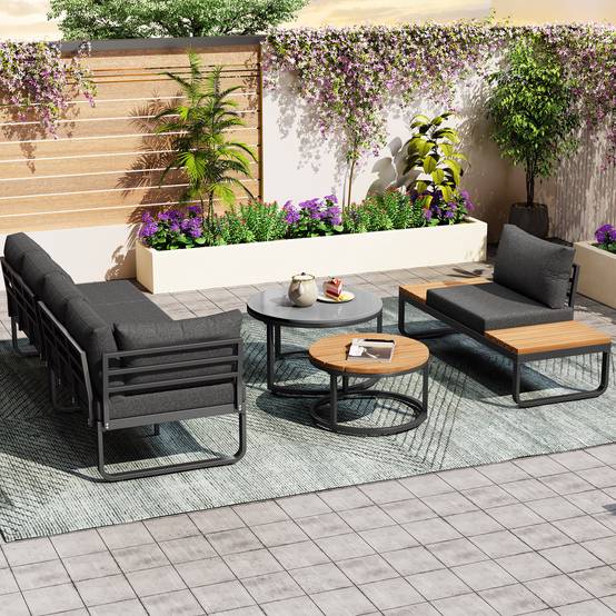 Salon de Jardin avec 2 Canapés 2 places 1 Fauteuil et 2 Tables Basses pour terrasse Gris - Image 4