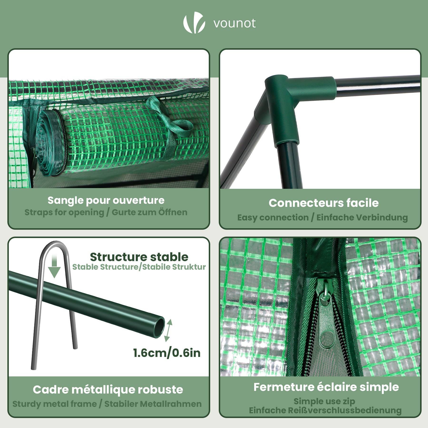 Mini Serre de jardin avec 3 portes enroulables bache PE renforcee 135g/m2 270x90x90cm Vert - Image 5