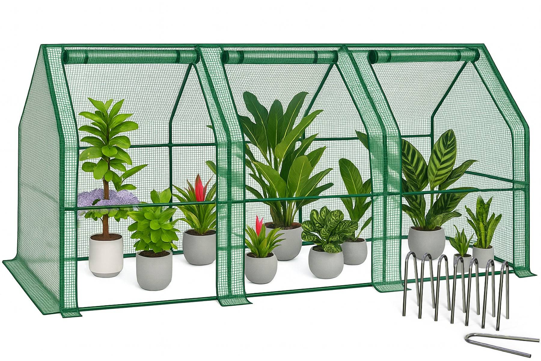 Mini Serre de jardin avec 3 portes enroulables bache PE renforcee 135g/m2 270x90x90cm Vert