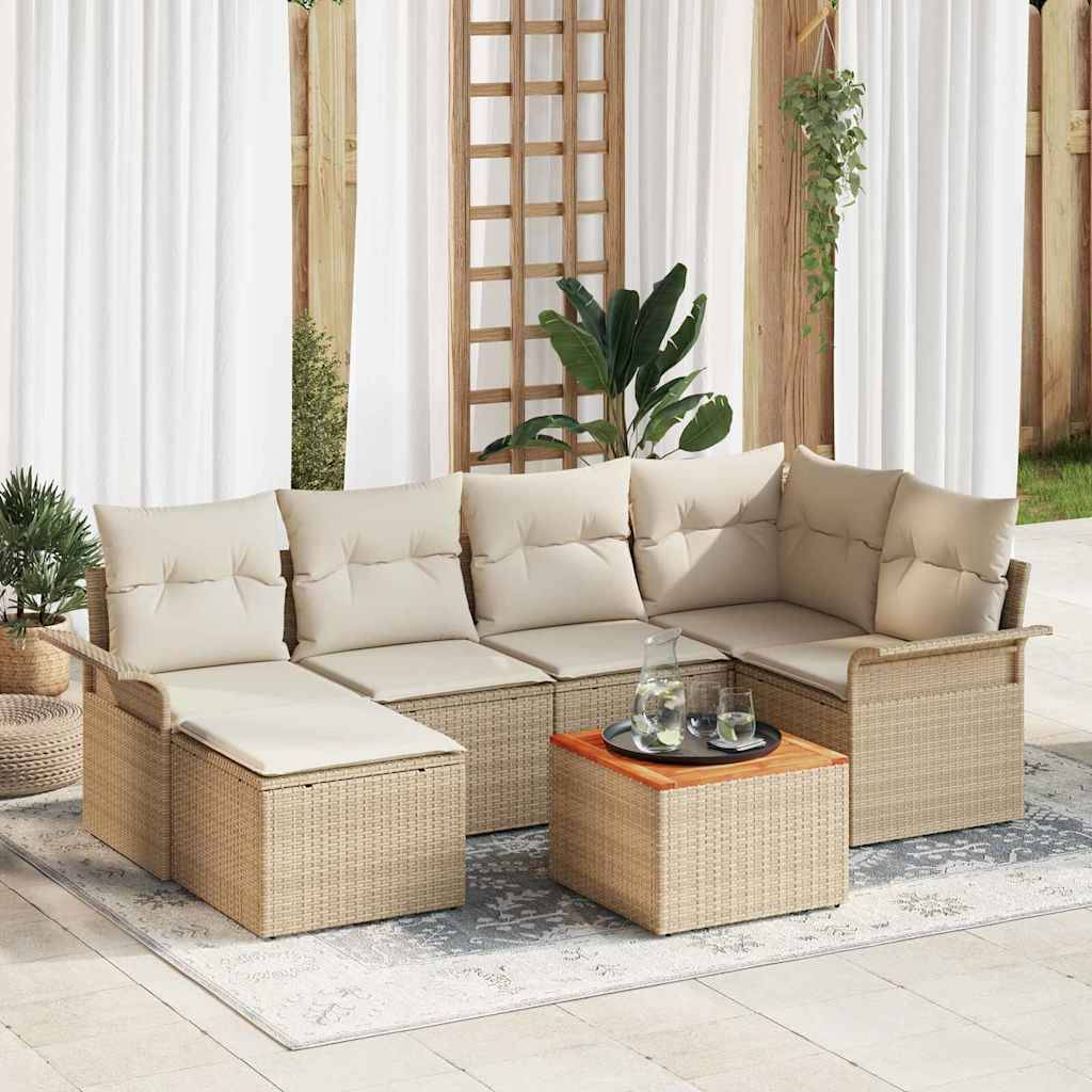Canapé Extérieur & Pouf 7 pcs Beige & Crème – Polyrotin & Acacia – Résistant Intempéries – ComfortXL Outdoor Living - Image 1